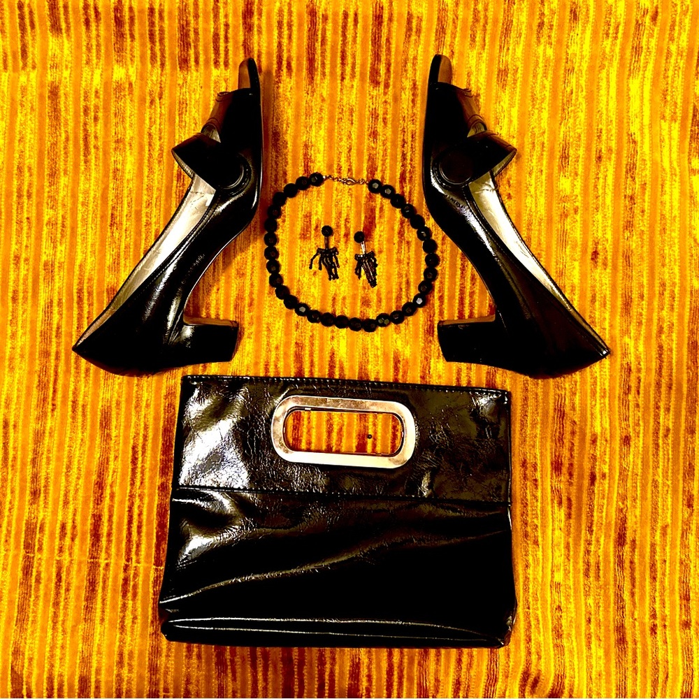 Tahari patent leather pumps & clutch purse | black geometric necklace & earrings